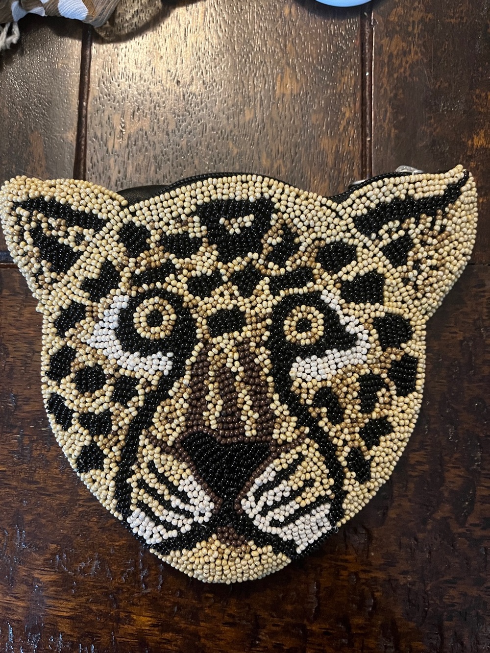 World Market Beaded Leopard Zip Pouch in Tan, Black & White/Coin Purse
